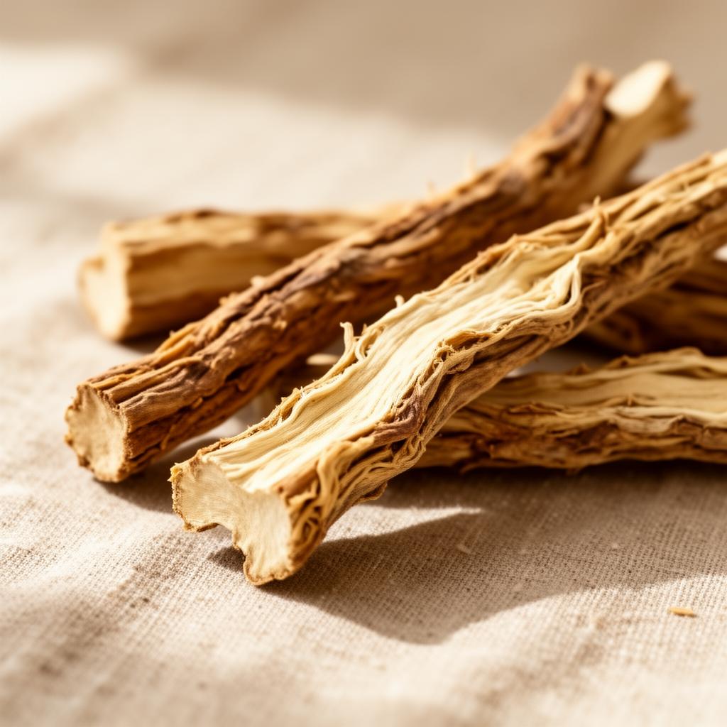 Dried Yashtimadhu (liquorice) root sticks on linen